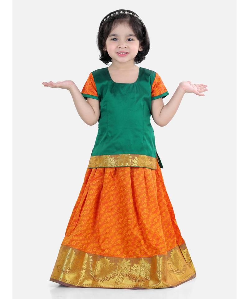 Girls Half Sleeve South Indian Pavda Pattu Lehenga- Green