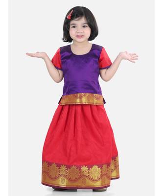 Girls Half Sleeve South Indian Pavda Pattu Lehenga- Purple 1