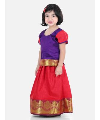 Girls Half Sleeve South Indian Pavda Pattu Lehenga- Purple 4