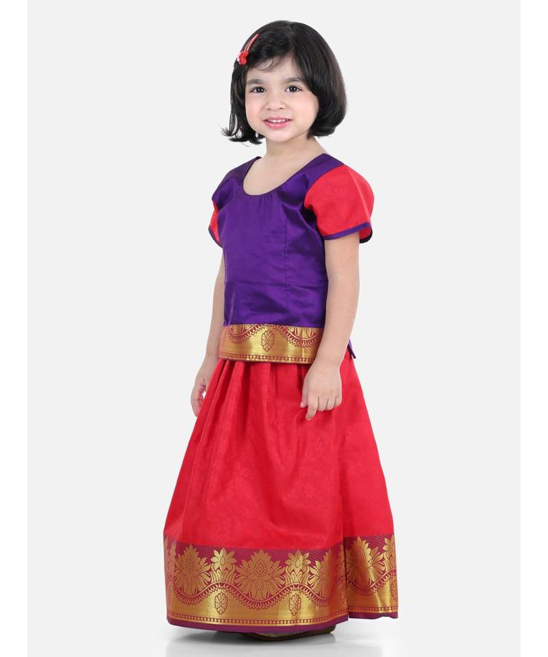 Girls Half Sleeve South Indian Pavda Pattu Lehenga- Purple