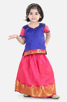 Girls Half Sleeve South Indian Pavda Pattu Lehenga- Blue