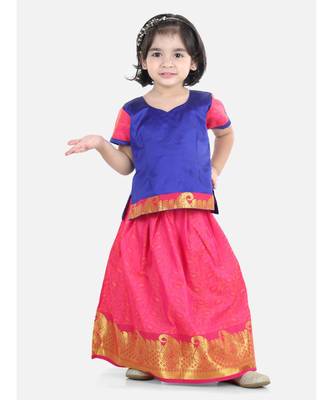 Girls Half Sleeve South Indian Pavda Pattu Lehenga- Blue 1