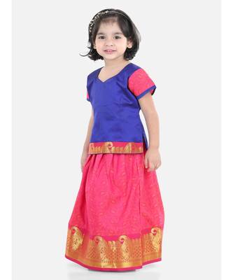 Girls Half Sleeve South Indian Pavda Pattu Lehenga- Blue 2