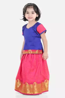 Girls Half Sleeve South Indian Pavda Pattu Lehenga- Blue