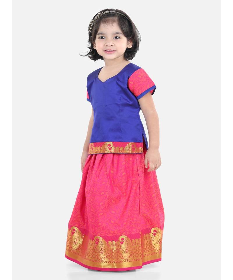 Girls Half Sleeve South Indian Pavda Pattu Lehenga- Blue