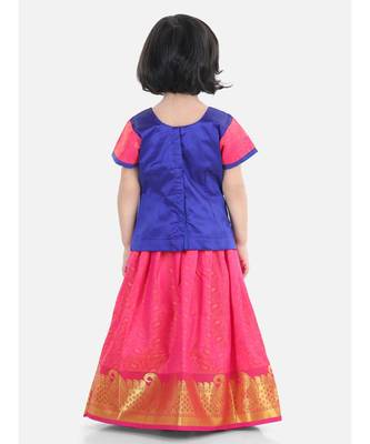 Girls Half Sleeve South Indian Pavda Pattu Lehenga- Blue 3