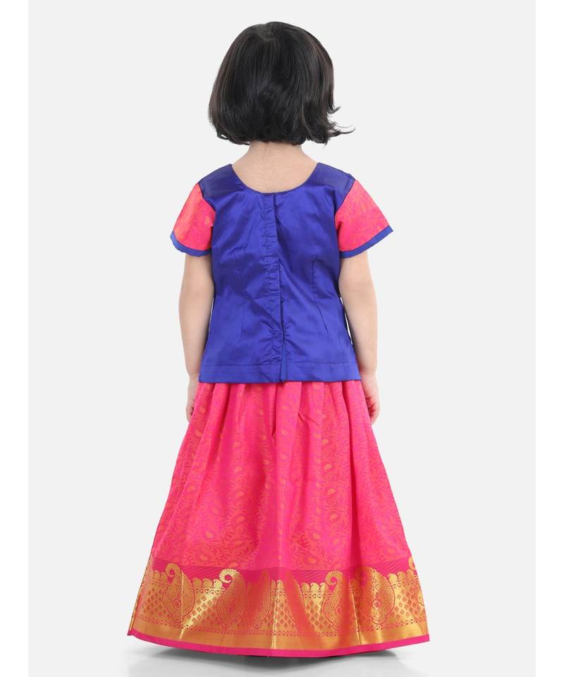 Girls Half Sleeve South Indian Pavda Pattu Lehenga- Blue