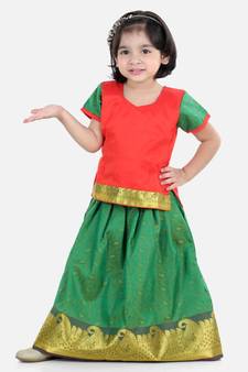 Girls Half Sleeve South Indian Pavda Pattu Lehenga- Red