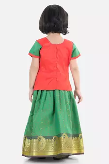 Girls Half Sleeve South Indian Pavda Pattu Lehenga- Red