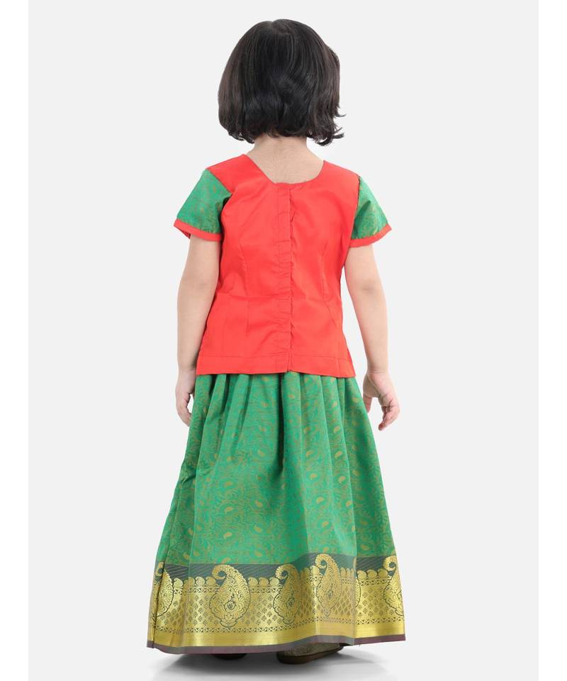 Girls Half Sleeve South Indian Pavda Pattu Lehenga- Red