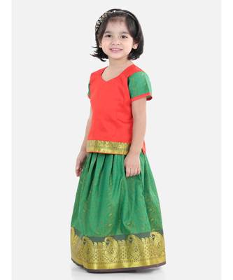 Girls Half Sleeve South Indian Pavda Pattu Lehenga- Red 3