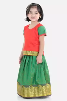 Girls Half Sleeve South Indian Pavda Pattu Lehenga- Red