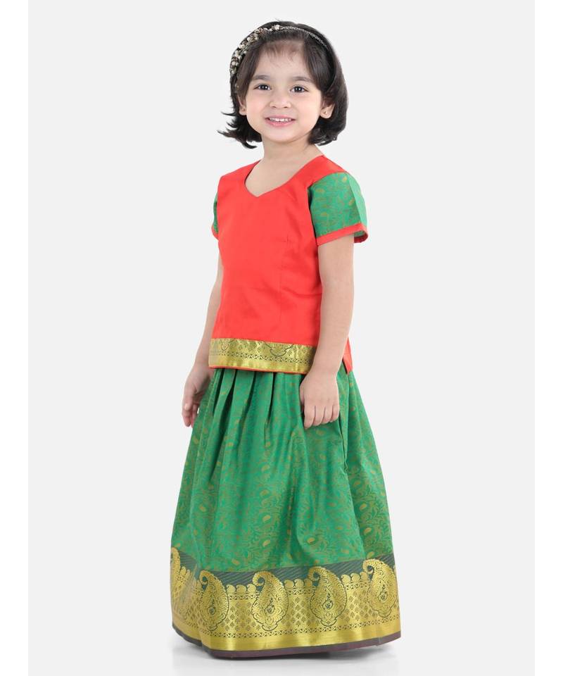 Girls Half Sleeve South Indian Pavda Pattu Lehenga- Red