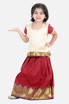 Girls Half Sleeve South Indian Pavda Pattu Lehenga- Cream