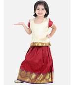 Girls Half Sleeve South Indian Pavda Pattu Lehenga- Cream