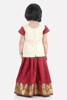 Girls Half Sleeve South Indian Pavda Pattu Lehenga- Cream