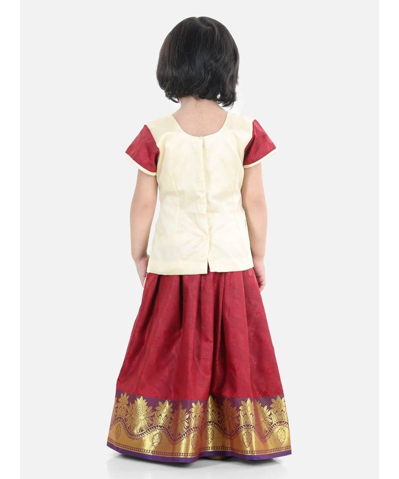 Girls Half Sleeve South Indian Pavda Pattu Lehenga- Cream