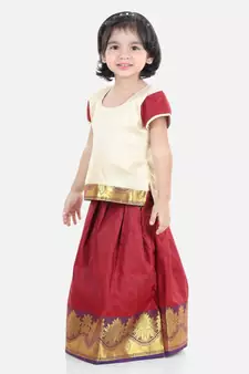 Girls Half Sleeve South Indian Pavda Pattu Lehenga- Cream