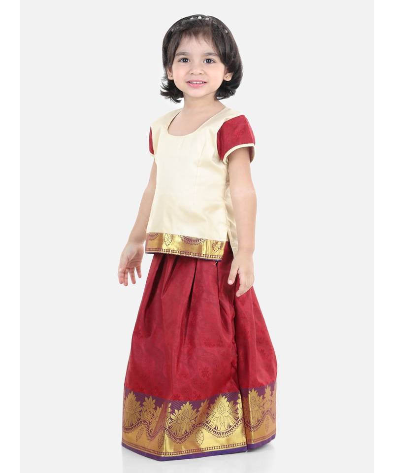 Girls Half Sleeve South Indian Pavda Pattu Lehenga- Cream