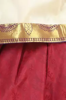 Girls Half Sleeve South Indian Pavda Pattu Lehenga- Cream