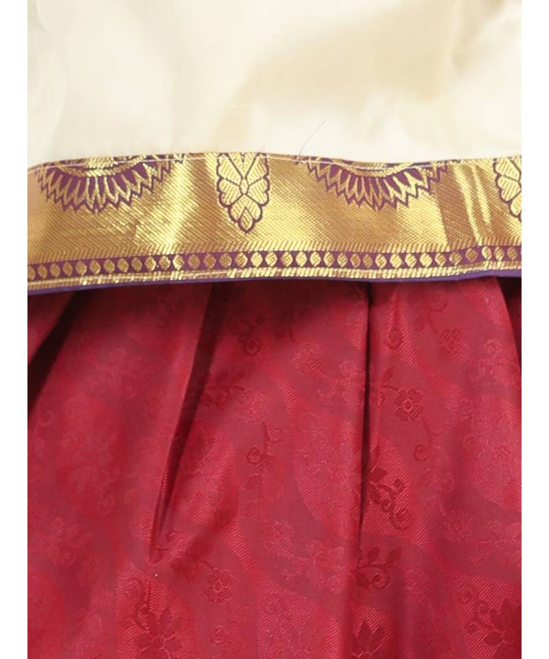 Girls Half Sleeve South Indian Pavda Pattu Lehenga- Cream