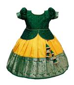 White Button Green Yellow Art Silk Jecquard South Indian Style Pavdai Pattu Lehenga choli For kids