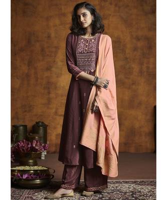 Brown Silk Blend Party Wear Salwar Kameez 1