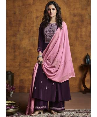 Wine Silk Blend Party Wear Salwar Kameez 1