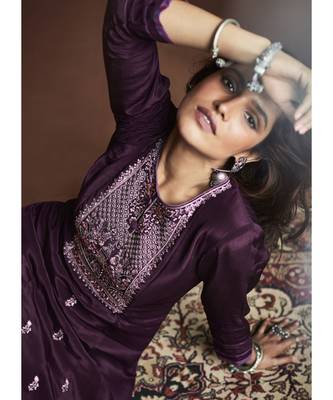 Wine Silk Blend Party Wear Salwar Kameez 3