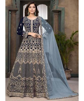 Navy Blue Ethnic Embroidered Wedding Anarkali Suit 1