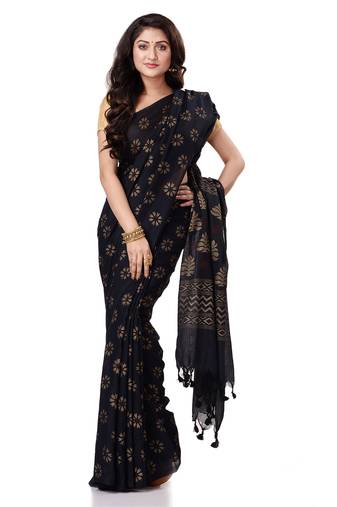Black hand woven bengal handloom saree with blouse