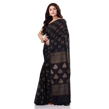 Black hand woven bengal handloom saree with blouse 2