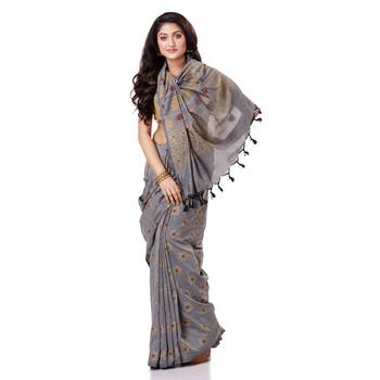 Grey hand woven bengal handloom saree with blouse 1
