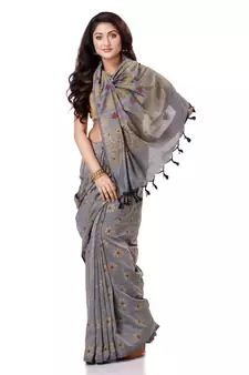 Grey hand woven bengal handloom saree with blouse