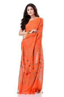 Orange hand woven bengal handloom saree with blouse