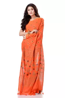 Orange hand woven bengal handloom saree with blouse