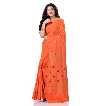 Orange hand woven bengal handloom saree with blouse 2