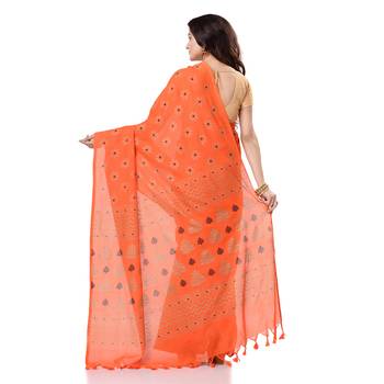Orange hand woven bengal handloom saree with blouse 3