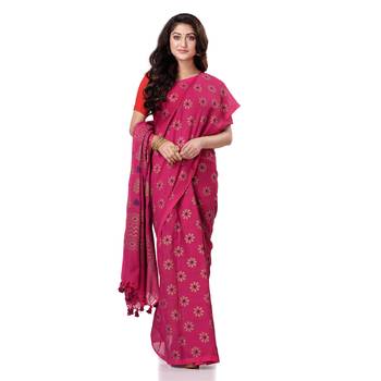 Pink hand woven bengal handloom saree with blouse 1
