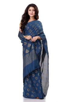 Blue hand woven bengal handloom saree with blouse