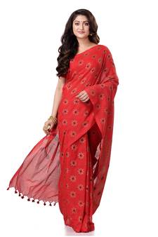 Red hand woven bengal handloom saree with blouse