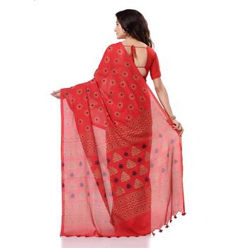 Red hand woven bengal handloom saree with blouse 3