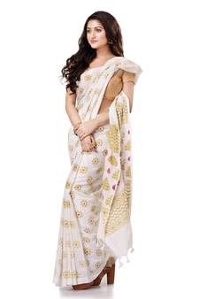 White hand woven bengal handloom saree with blouse
