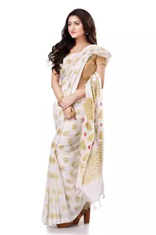 White hand woven bengal handloom saree with blouse