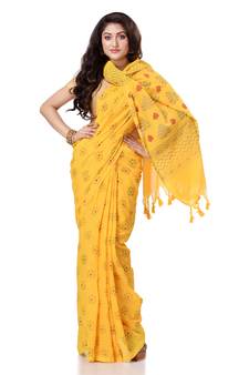 Yellow hand woven bengal handloom saree with blouse