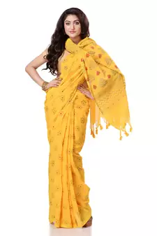 Yellow hand woven bengal handloom saree with blouse