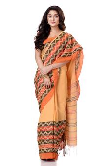 Yellow hand woven bengal handloom saree with blouse