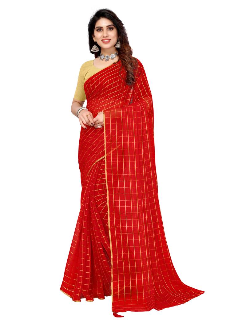 Red printed pure nazneen saree with blouse