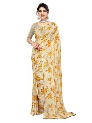 Beige printed georgette saree with blouse 1