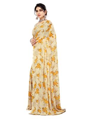 Beige printed georgette saree with blouse 2